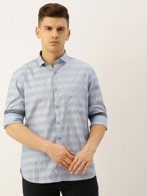 

John Players Men Blue & White Trim Fit Self Design Casual Shirt