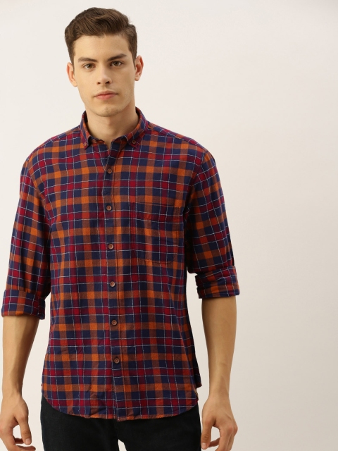 

John Players Men Navy Blue & Maroon Trim Slim Fit Checked Casual Shirt