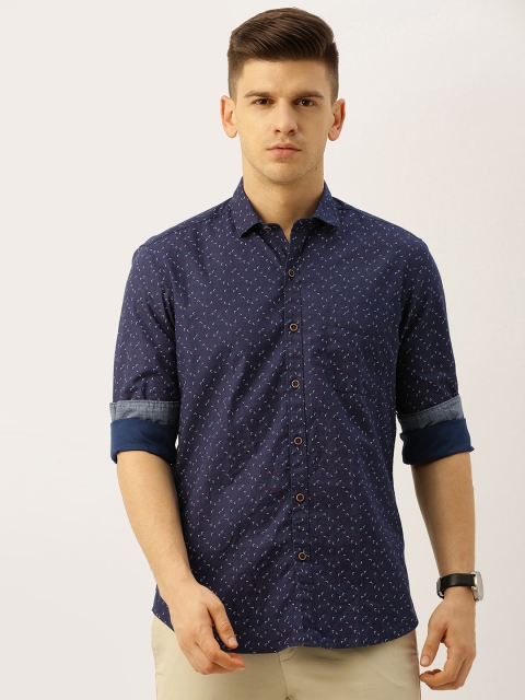 

John Players Men Navy Blue & White Trim Fit Geometric Printed Casual Cotton Shirt