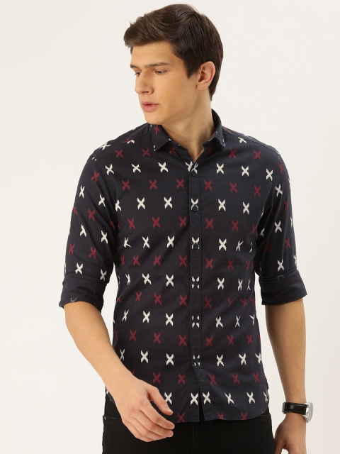

John Players Men Navy Blue & Red Slim Fit Printed Casual Shirt