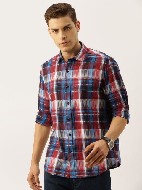 

John Players Men Red & Blue Trim Fit Checked Casual Cotton Shirt