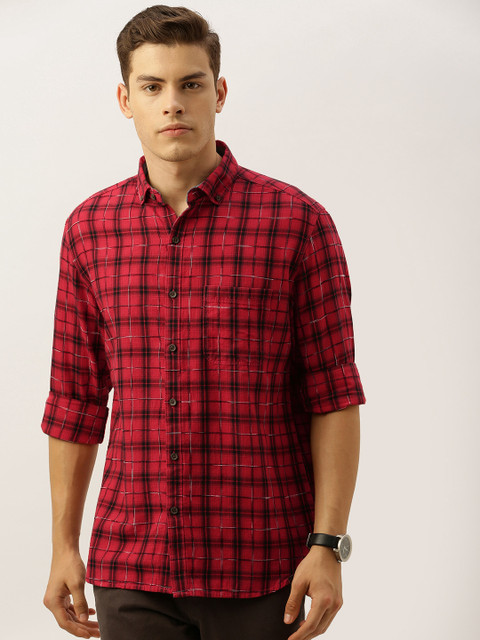 

John Players Men Red & Black Trim Fit Checked Casual Shirt