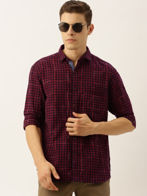 

John Players Men Red & Navy Blue Trim Fit Checked Casual Shirt