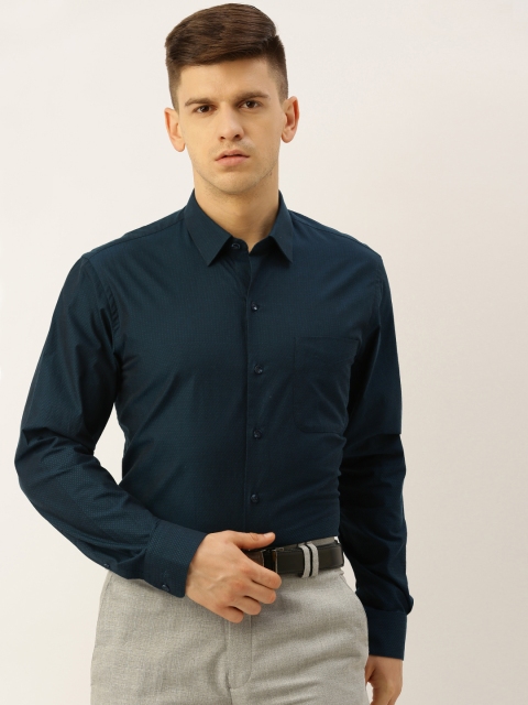 

John Players Men Teal Blue Slim Fit Self Design Formal Shirt