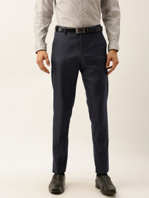 

John Players Men Navy Blue Skinny Fit Self Design Formal Trousers