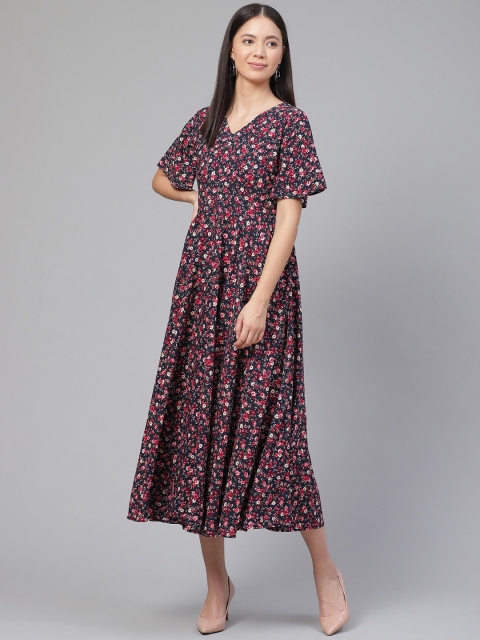 

Ives Women Navy Blue & Red Floral Print A-Line Dress