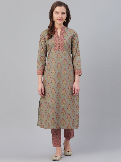 

Ives Women Grey & Maroon Printed Kurta with Trousers