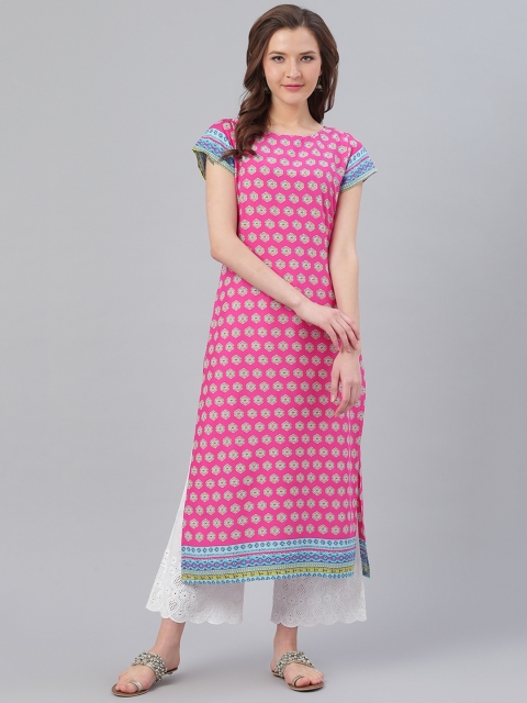 

Ives Women Pink & Green Printed Straight Kurta