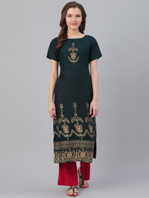 

Ives Women Green & Golden Printed Straight Kurta
