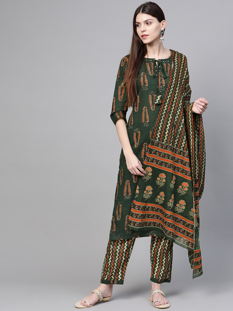 

Anubhutee Women Green & Rust Orange Printed Kurta with Trousers & Dupatta