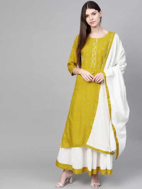 

Anubhutee Women Green & White Embroidered Kurta with Skirt & Dupatta