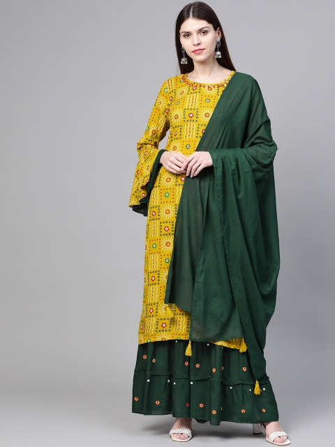 

Anubhutee Women Green Bandhani Printed Kurta with Sharara & Dupatta
