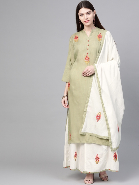 

Anubhutee Women Olive Green & Off-White Embroidered Kurta with Palazzos & Dupatta