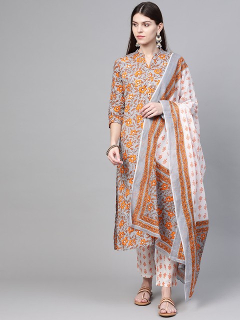 

Anubhutee Women Grey & White Floral Print Kurta with Trousers & Dupatta