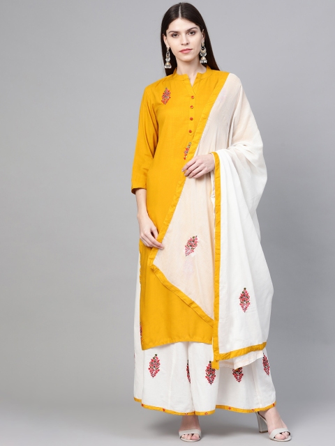 

Anubhutee Women Mustard Yellow & White Embroidered Kurta with Palazzos & Dupatta