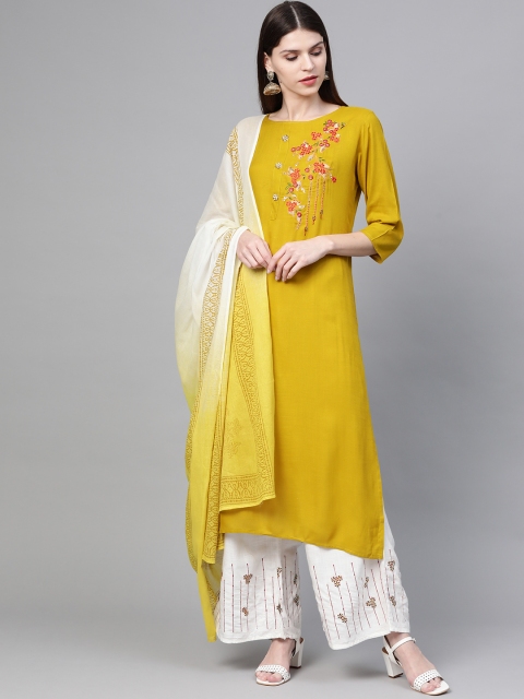 

Anubhutee Women Lime Green & White Floral Embroidered Yoke Design Kurta Set