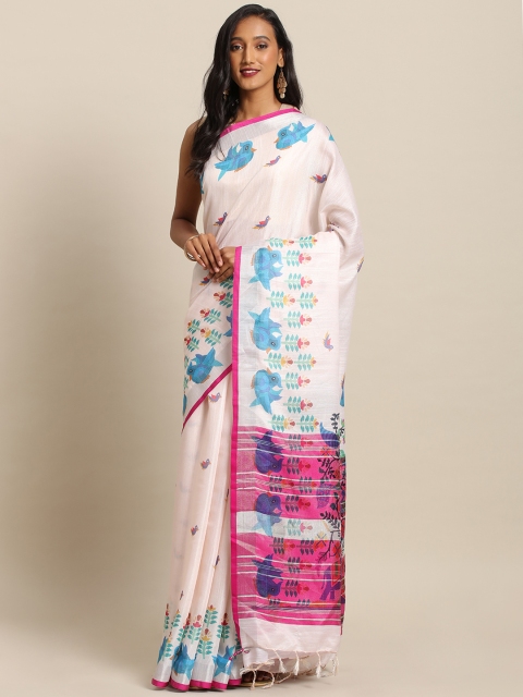 

VASTRANAND White & Blue Linen Blend Printed Khadi Saree