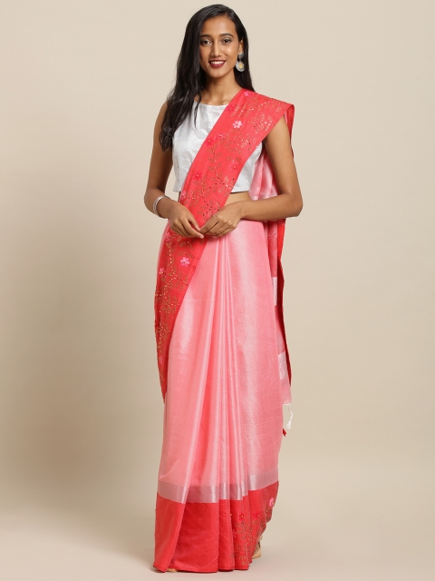 

VASTRANAND Pink Linen Blend Solid Khadi Saree with Embellishments