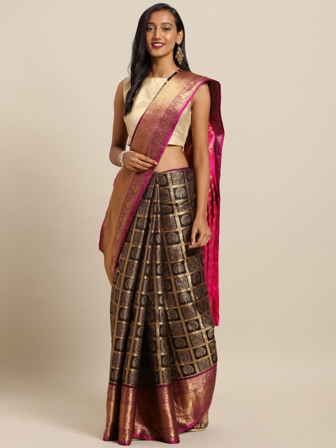 VASTRANAND Black & Golden Silk Cotton Checked Kanjeevaram Saree
