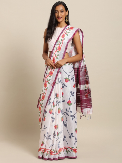 

VASTRANAND White & Blue Linen Blend Printed Khadi Saree