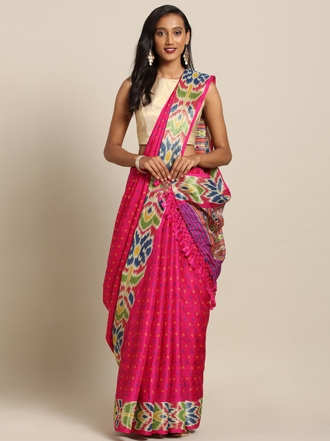 

VASTRANAND Pink Linen Blend Printed Chanderi Saree