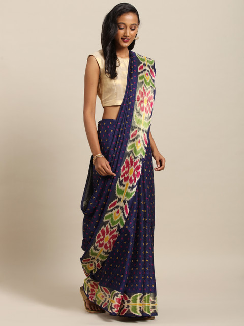 

VASTRANAND Navy Blue & Yellow Linen Blend Printed Chanderi Saree