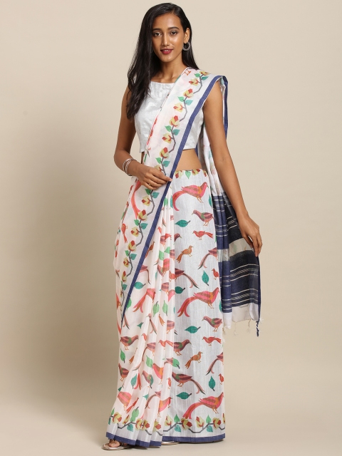 

VASTRANAND White & Navy Blue Linen Blend Printed Khadi Saree