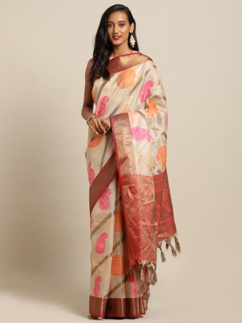 

VASTRANAND Orange Silk Blend Woven Design Kanjeevaram Saree