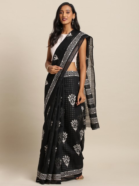 

VASTRANAND Black & White Cotton Blend Printed Dabu Saree