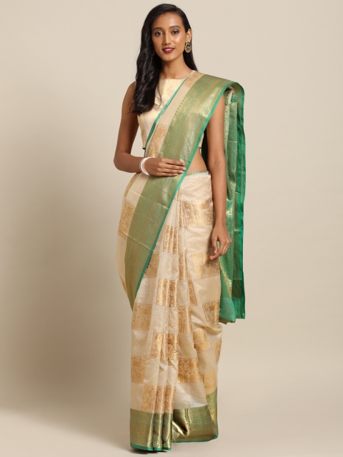 

VASTRANAND Off-White & Golden Silk Blend Woven Design Kanjeevaram Saree