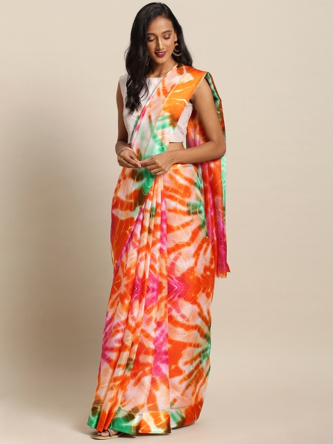 

VASTRANAND Orange & Off-White Supernet Shibori Dyed Kota Saree