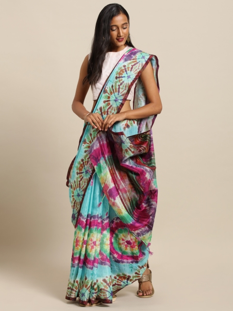 

VASTRANAND Turquoise Blue & Pink Linen Blend Dyed Ikat Saree