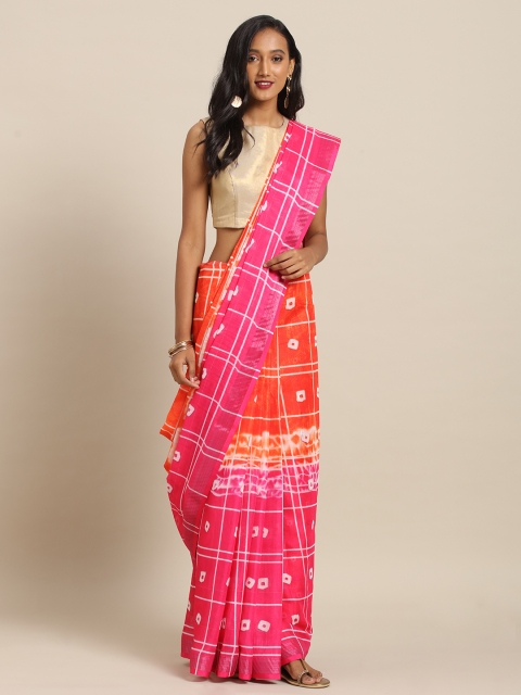 

VASTRANAND Orange & Pink Linen Blend Printed Bandhani Saree