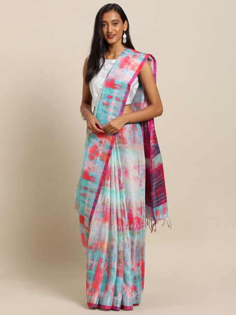 

VASTRANAND Sea Green & Pink Linen Blend Printed Saree