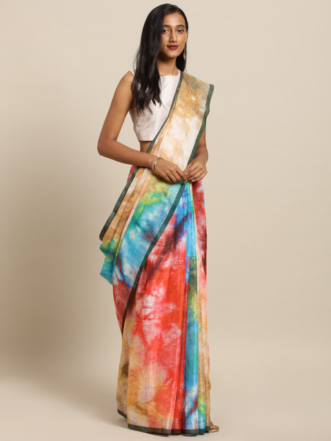 

VASTRANAND Red & Blue Linen Blend Batik Shibori Digital Printed Saree