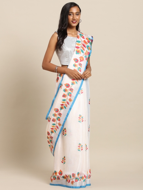 

VASTRANAND White & Red Linen Blend Printed Khadi Saree