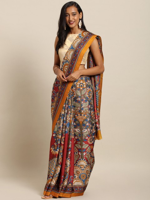 

VASTRANAND Rust Red & Mustard Yellow Linen Blend Printed Chanderi Saree