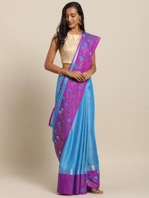 

VASTRANAND Blue & Purple Linen Blend Solid Khadi Saree