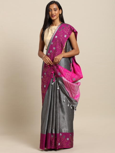 

VASTRANAND Grey & Pink Linen Blend Solid Embellished Border Khadi Saree