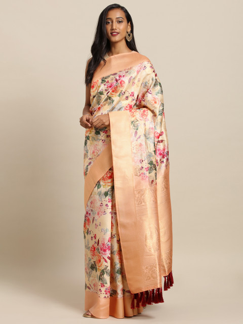 

VASTRANAND Peach-Coloured & Pink Silk Blend Printed Banarasi Saree