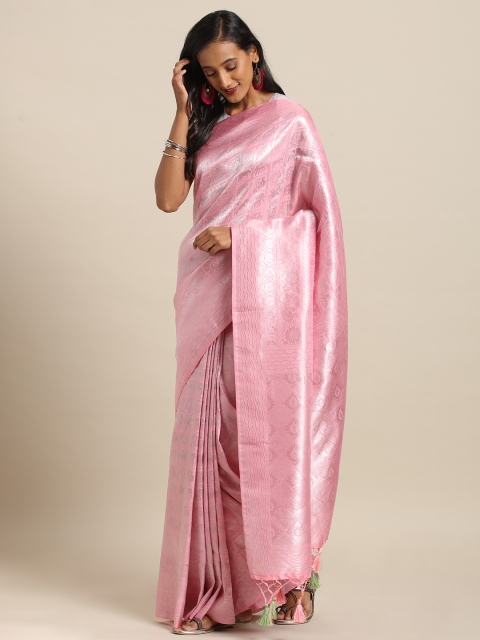 

VASTRANAND Pink Silk Blend Woven Design Baluchari Saree