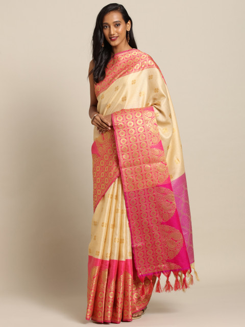 

VASTRANAND Cream-Coloured & Gold-Toned Silk Blend Woven Design Kanjeevaram Saree
