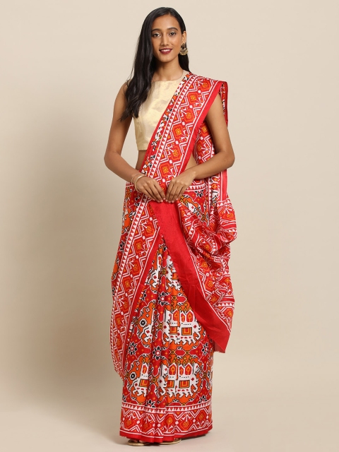 

VASTRANAND Red & Orange Linen Blend Printed Chanderi Saree