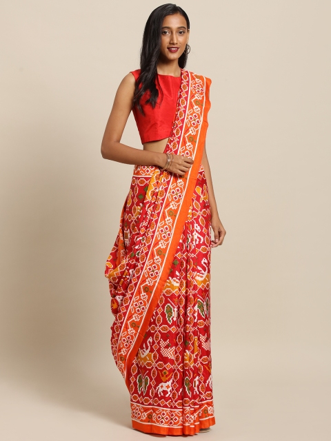 

VASTRANAND Red & Orange Linen Blend Printed Chanderi Saree