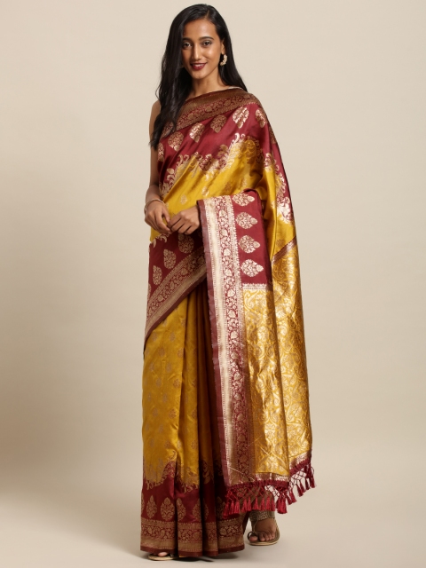 

VASTRANAND Mustard Yellow & Maroon Silk Blend Woven Design Banarasi Saree