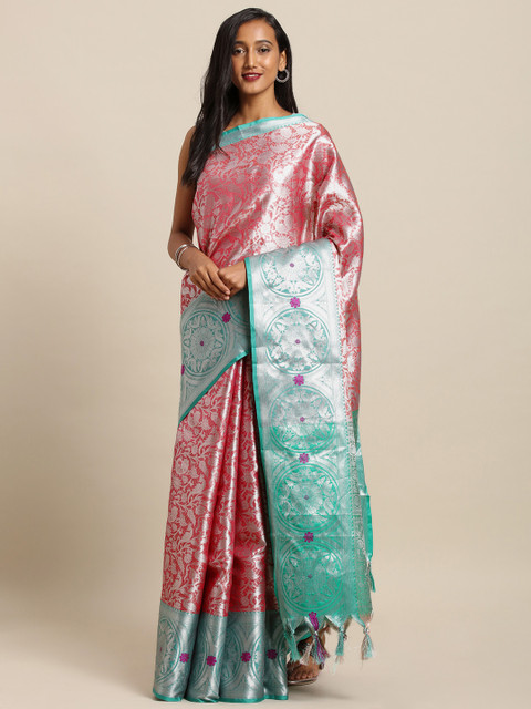 

VASTRANAND Pink & Silver-Coloured Silk Blend Woven Design Kanjeevaram Saree