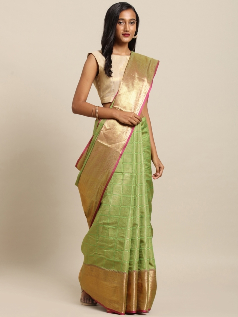 

VASTRANAND Lime Green & Pink Silk Blend Checked Kanjeevaram Saree