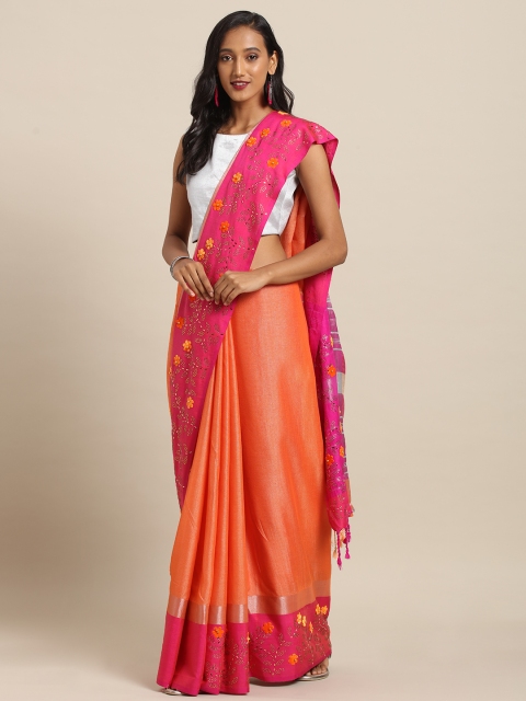 

VASTRANAND Orange & Pink Linen Blend Solid Khadi Saree