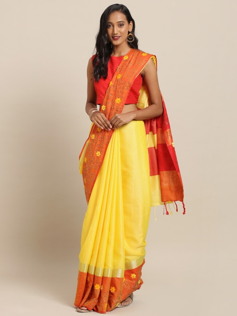 

VASTRANAND Yellow & Orange Linen Blend Solid Khadi Saree
