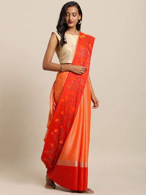 

VASTRANAND Orange Linen Blend Solid Khadi Saree with Embellishments